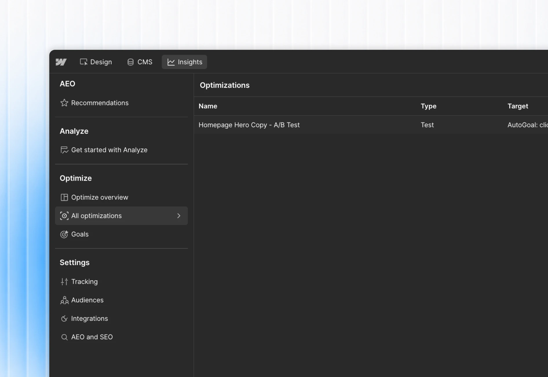 The Webflow Optimize dashboard showing a live A/B test with two variants and traffic splitting between them