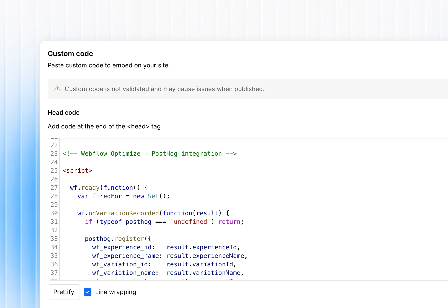 Webflow's Custom Code settings with the integration script pasted into the Head code field