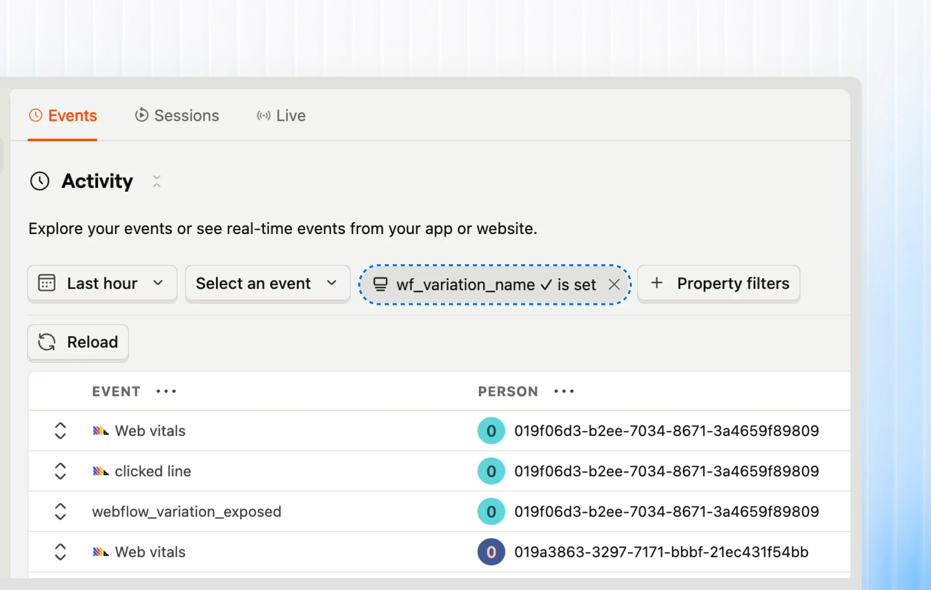 PostHog Activity view filtered by 'wf_variation_name is set', listing events including webflow_variation_exposed