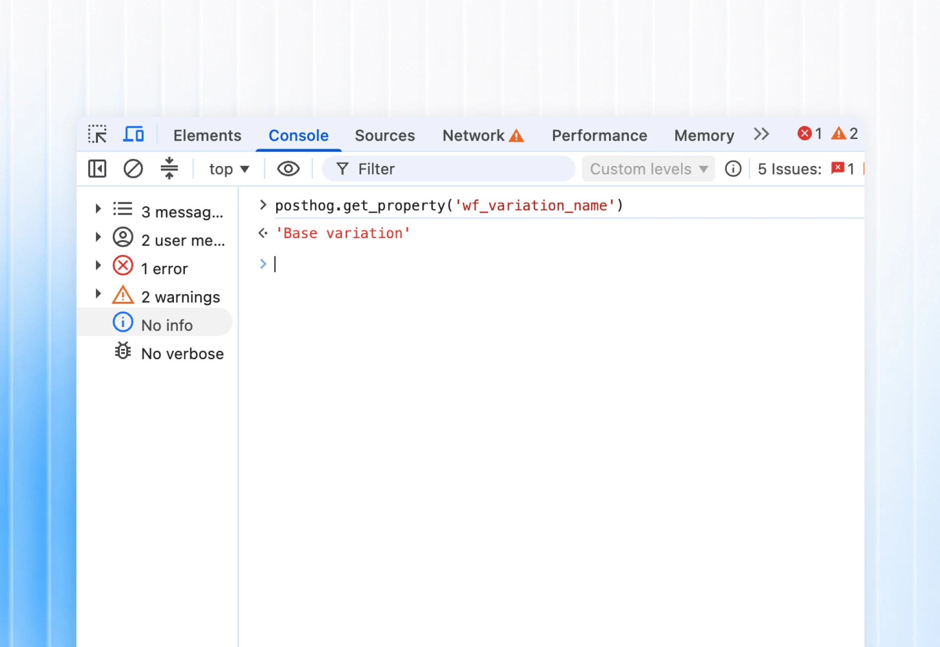 Browser console showing posthog.get_property('wf_variation_name') returning 'Base variation'