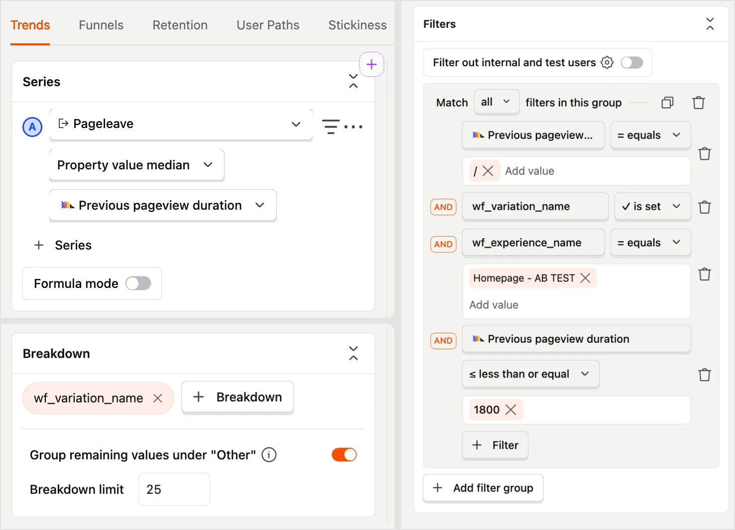 PostHog trends insight set to the median of previous pageview duration on $pageleave, filtered to the page and wf_variation_name is set, broken down by wf_variation_name