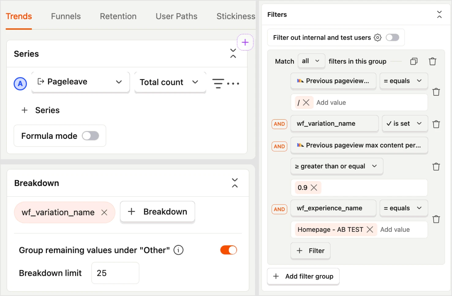 PostHog trends insight counting $pageleave by unique users, filtered to the page, previous pageview max content percentage greater than or equal to 0.9, and wf_variation_name is set, broken down by wf_variation_name